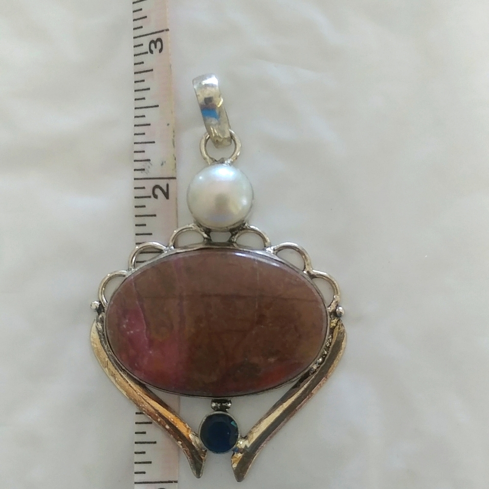 Rhodonite, Pearl, Iolite Pendant